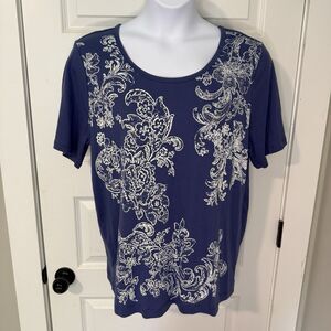 Christpher & Banks Blue Floral Print Women's 1X Short Sleeve Shirt NWT ($45)